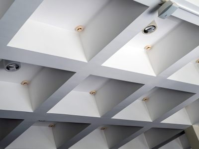concrete structure ceiling, concrete with light and smoke detectors, fire protection system