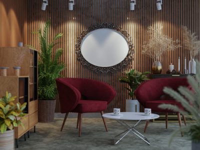 3D illustration mockup photo beautiful frame on the wall in living room, scandinavian style interior with cozy furniture and houseplant in natural decoration concept, rendering